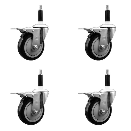Service Caster 4'' SS Black Poly Swivel 7/8'' Expanding Stem Caster Set Total Lock Brake, 4PK SCC-SSEXTTL20S414-PPUB-BLK-78-4